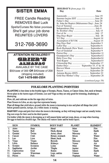 A pamphlet reads: sister Emma, FREE Candle reading, removes bad luck, spells/curses no false promises, She'll get your job done, reunites lovers, 312-768-3690. There is a list of holidays on the right side of the pamphlet. On the bottom of the page is a list that reads, "folklore planting pointers."