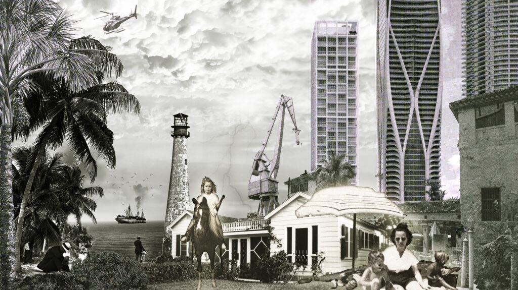 A collage image made up of old and new images of Miami, including those of Sophie’s family. Visible are Miami’s skyline, the Cape Florida Lighthouse, and Sophie’s grandparents and great-grandparents.